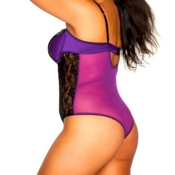 NWT Frederick's of Hollywood Ilana Purple Black Lace Mesh Bodysuit Teddy - Picture 2 of 9